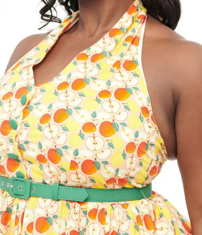 Plus Size 1950s Yellow and Red Apple Print Cotton Halter Swing Dress DressesPlus Unique Vintage Pocket Dresses
