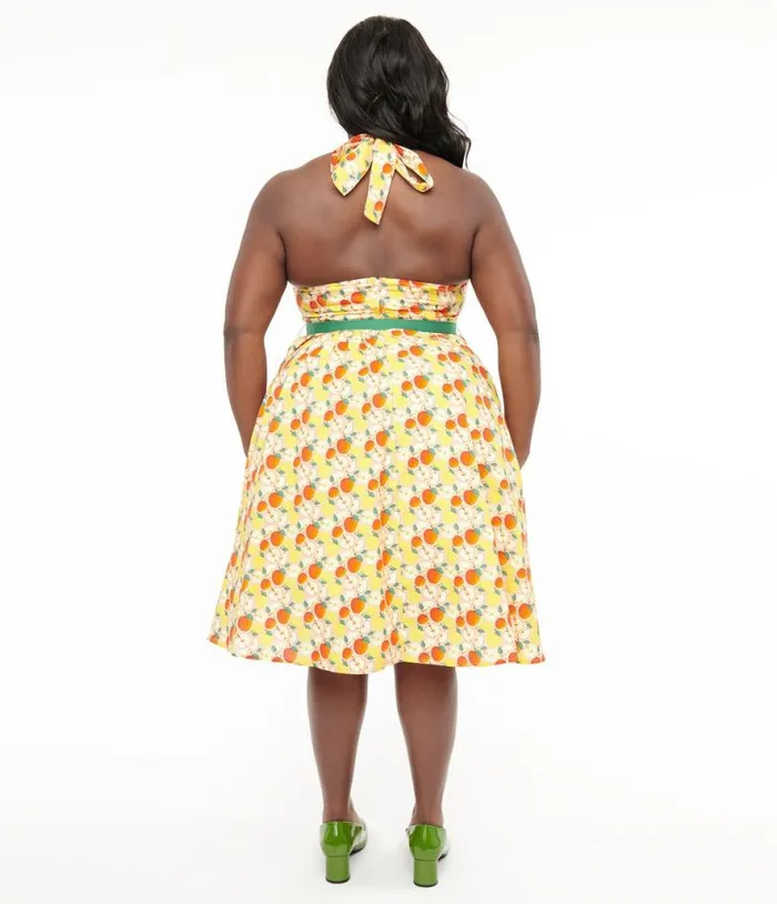 Plus Size 1950s Yellow and Red Apple Print Cotton Halter Swing Dress DressesPlus Unique Vintage Pocket Dresses