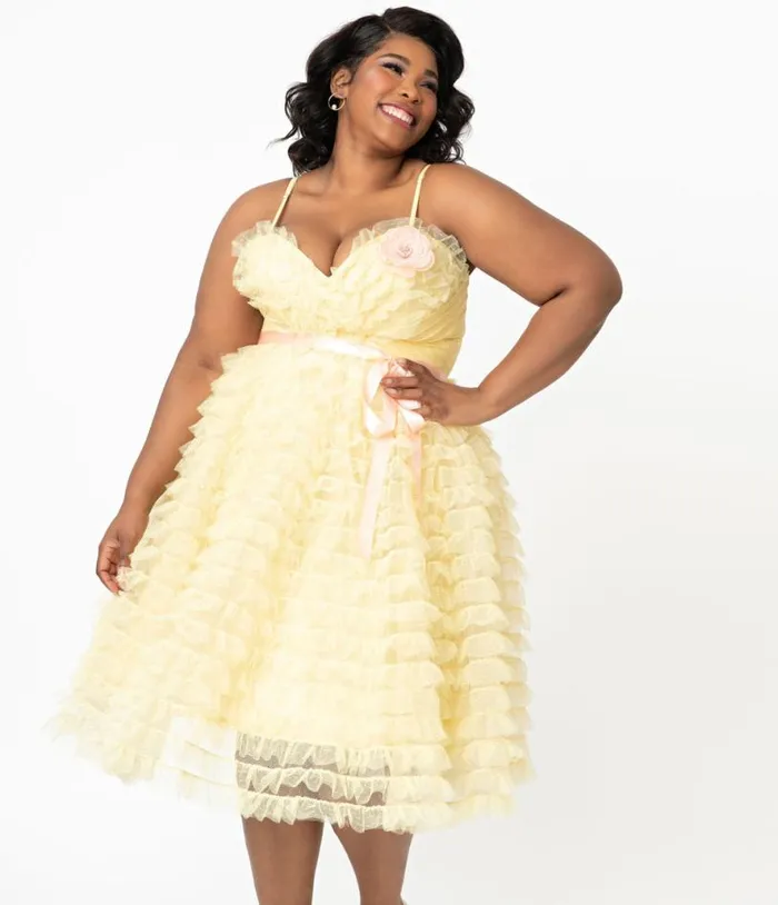 Plus Size 1950s Yellow Tulle Cupcake Swing Dress DressesPlus Unique Vintage Swing