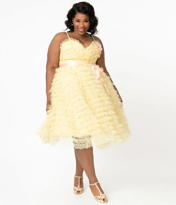 Plus Size 1950s Yellow Tulle Cupcake Swing Dress DressesPlus Unique Vintage Swing
