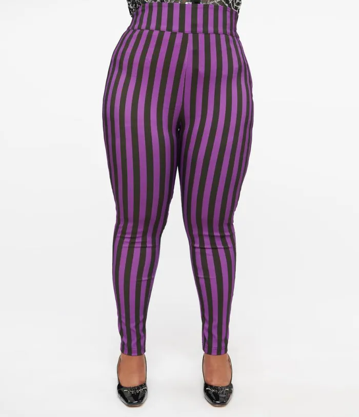 Plus Size 1960s Black and Purple Stripe High Waist Cigarette Pants ClothingHalloweenPlus Unique Vintage Bottoms