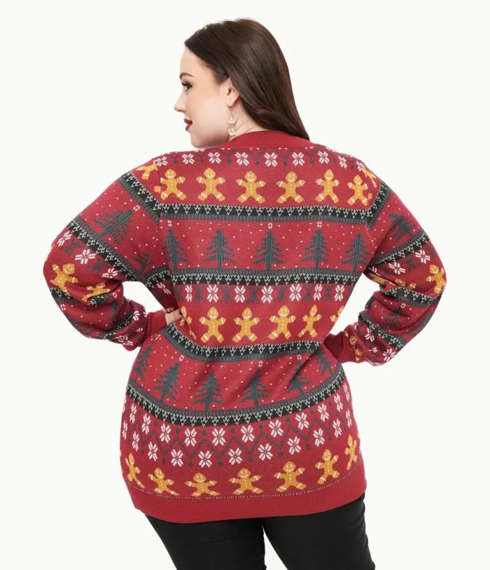 Plus Size 1960s Burgundy Gingerbread Fair Isle Cardigan Clothing Unique Vintage Sweaters and Cardigans
