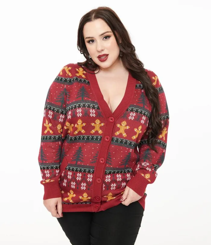 Plus Size 1960s Burgundy Gingerbread Fair Isle Cardigan Clothing Unique Vintage Sweaters and Cardigans