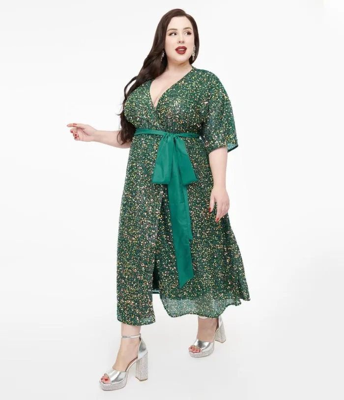 Plus Size 1960s Green Sequin Wrap Midi Dress DressesPlus Unique Vintage Wrap Dresses Plus Size 1960s Green Sequin Wrap Midi Dress DressesPlus Unique Vintage Wrap Dresses