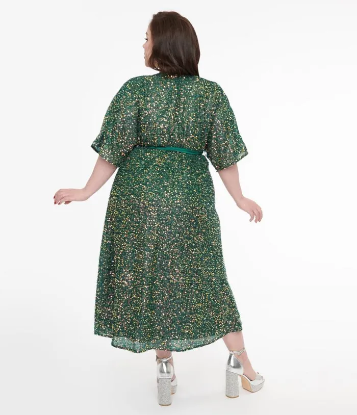 Plus Size 1960s Green Sequin Wrap Midi Dress DressesPlus Unique Vintage Wrap Dresses