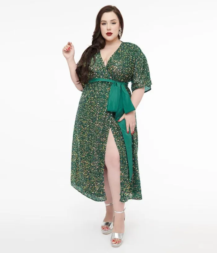 Plus Size 1960s Green Sequin Wrap Midi Dress DressesPlus Unique Vintage Wrap Dresses