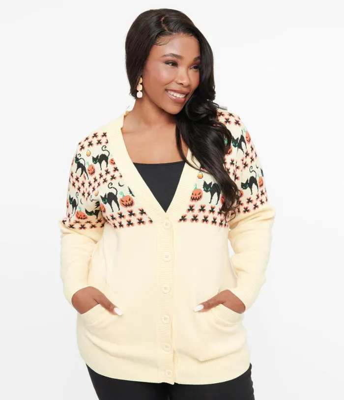 Plus Size 1960s Ivory and Orange Halloween Print Cardigan ClothingHalloween Unique Vintage Sweaters and Cardigans Plus Size 1960s Ivory and Orange Halloween Print Cardigan ClothingHalloween Unique Vintage Sweaters and Cardigans