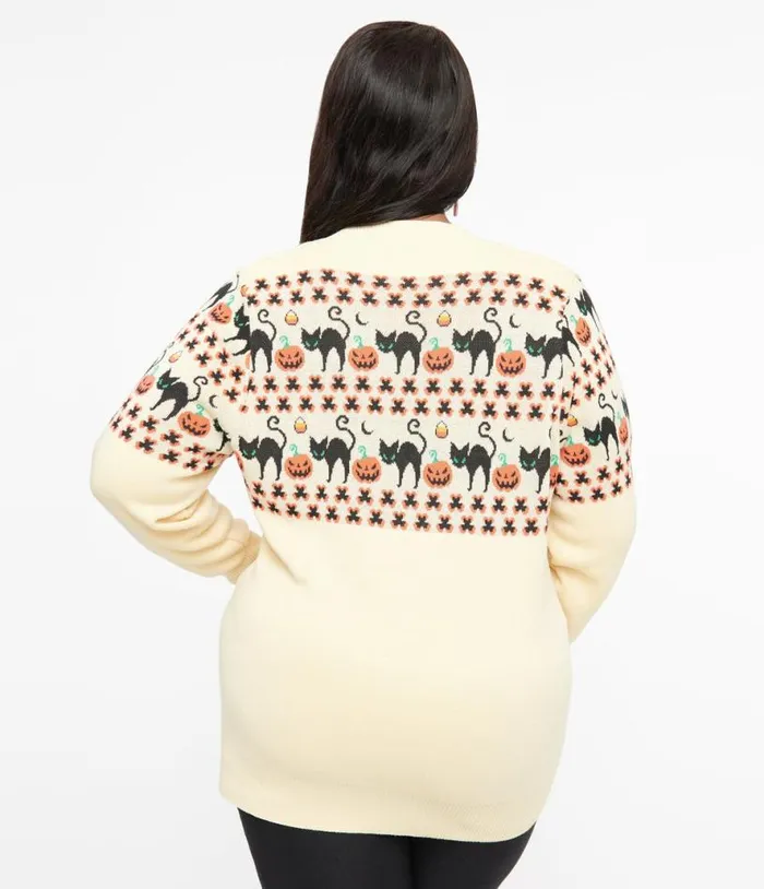 Plus Size 1960s Ivory and Orange Halloween Print Cardigan ClothingHalloween Unique Vintage Sweaters and Cardigans