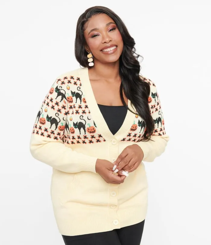 Plus Size 1960s Ivory and Orange Halloween Print Cardigan ClothingHalloween Unique Vintage Sweaters and Cardigans