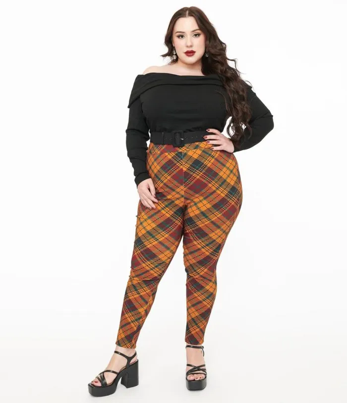 Plus Size 1960s Mustard and Burgundy Plaid High Waist Cigarette Pants ClothingPlus Unique Vintage Pants Plus Size 1960s Mustard and Burgundy Plaid High Waist Cigarette Pants ClothingPlus Unique Vintage Pants