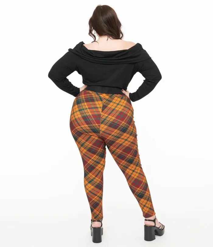 Plus Size 1960s Mustard and Burgundy Plaid High Waist Cigarette Pants ClothingPlus Unique Vintage Pants