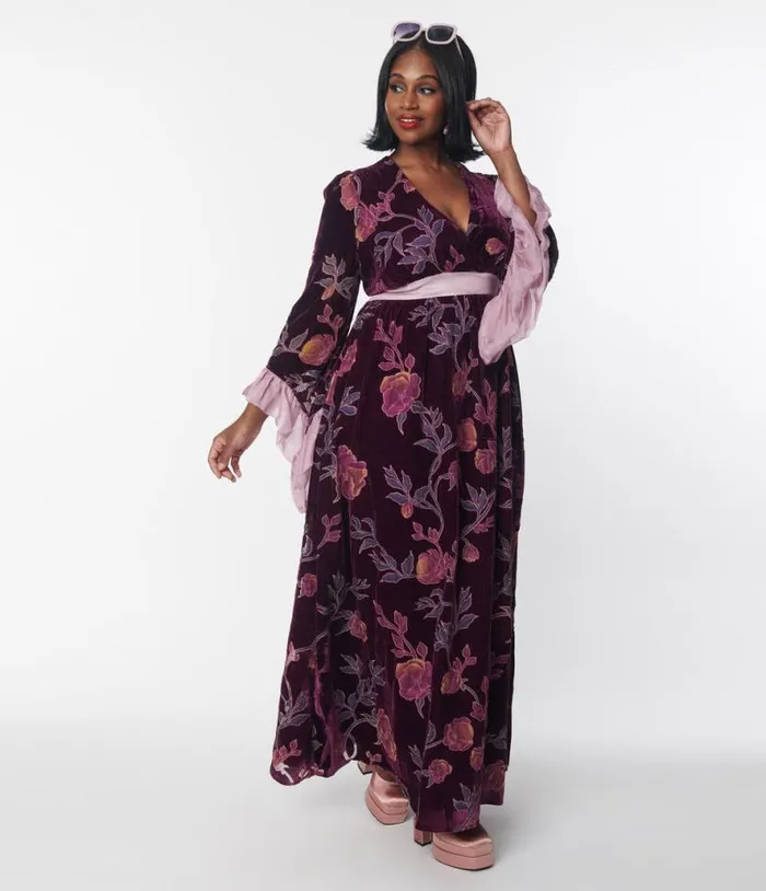 Plus Size 1960s Purple Floral Burnout Velvet Maxi Dress DressesPlus Unique Vintage Midi and Maxi Plus Size 1960s Purple Floral Burnout Velvet Maxi Dress DressesPlus Unique Vintage Midi and Maxi