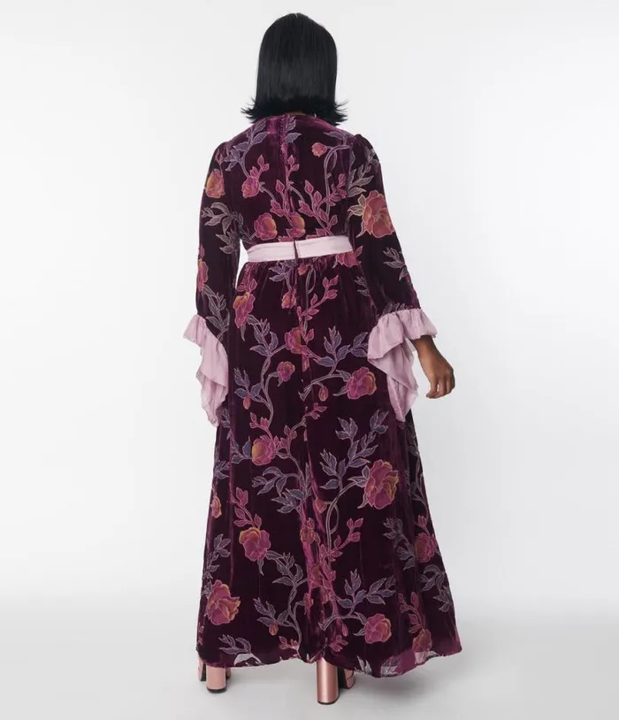 Plus Size 1960s Purple Floral Burnout Velvet Maxi Dress DressesPlus Unique Vintage Midi and Maxi