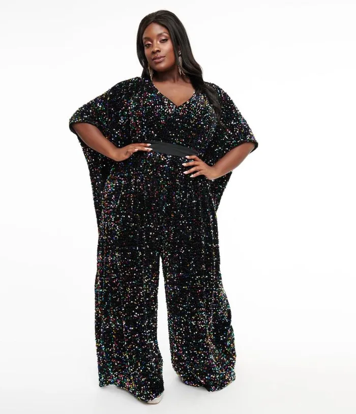 Plus Size 1970s Black Iridescent Sequin Caftan Jumpsuit DressesClothingPlus Unique Vintage Rompers and Jumpsuits Plus Size 1970s Black Iridescent Sequin Caftan Jumpsuit DressesClothingPlus Unique Vintage Rompers and Jumpsuits