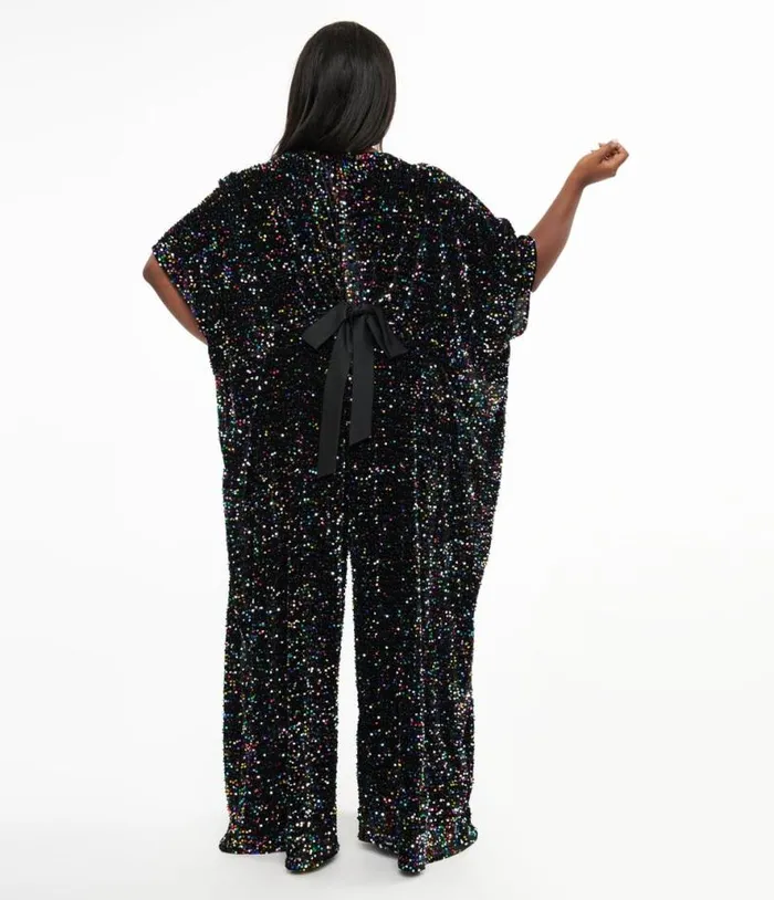 Plus Size 1970s Black Iridescent Sequin Caftan Jumpsuit DressesClothingPlus Unique Vintage Rompers and Jumpsuits