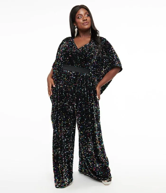 Plus Size 1970s Black Iridescent Sequin Caftan Jumpsuit DressesClothingPlus Unique Vintage Rompers and Jumpsuits