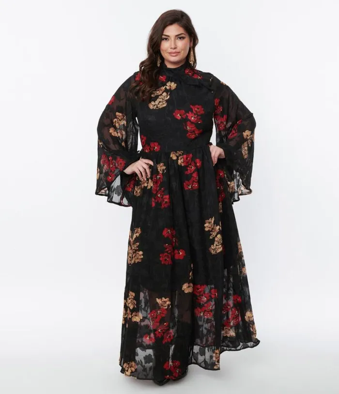 Plus Size 1970s Black Red and Gold Floral Bell Sleeve Maxi Dress DressesPlus Unique Vintage Midi and Maxi Plus Size 1970s Black Red and Gold Floral Bell Sleeve Maxi Dress DressesPlus Unique Vintage Midi and Maxi