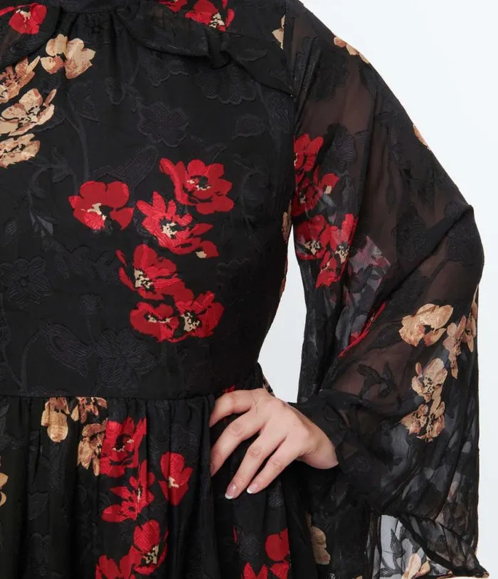 Plus Size 1970s Black Red and Gold Floral Bell Sleeve Maxi Dress DressesPlus Unique Vintage Midi and Maxi