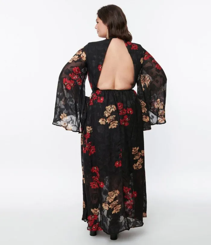 Plus Size 1970s Black Red and Gold Floral Bell Sleeve Maxi Dress DressesPlus Unique Vintage Midi and Maxi