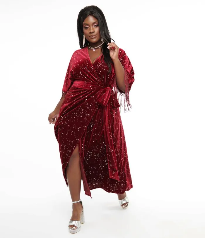 Plus Size 1970s Burgundy Velvet Silver Star Wrap Midi Dress DressesPlus Unique Vintage Wrap Dresses Plus Size 1970s Burgundy Velvet Silver Star Wrap Midi Dress DressesPlus Unique Vintage Wrap Dresses