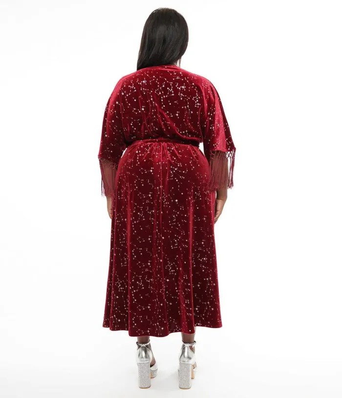 Plus Size 1970s Burgundy Velvet Silver Star Wrap Midi Dress DressesPlus Unique Vintage Wrap Dresses