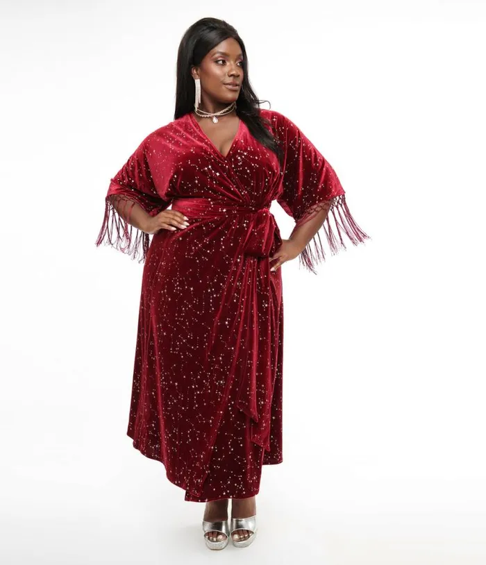 Plus Size 1970s Burgundy Velvet Silver Star Wrap Midi Dress DressesPlus Unique Vintage Wrap Dresses