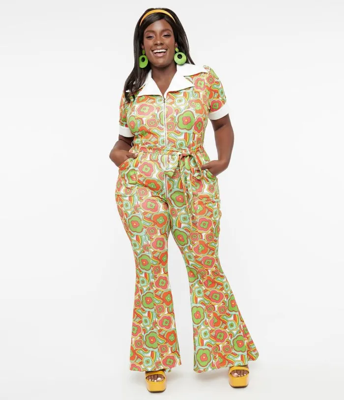 Plus Size 1970s Green Retro Floral Wide Leg Jumpsuit ClothingPlus Unique Vintage Rompers and Jumpsuits Plus Size 1970s Green Retro Floral Wide Leg Jumpsuit ClothingPlus Unique Vintage Rompers and Jumpsuits
