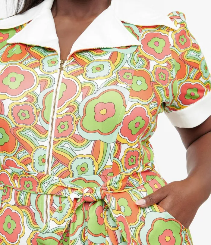 Plus Size 1970s Green Retro Floral Wide Leg Jumpsuit ClothingPlus Unique Vintage Rompers and Jumpsuits
