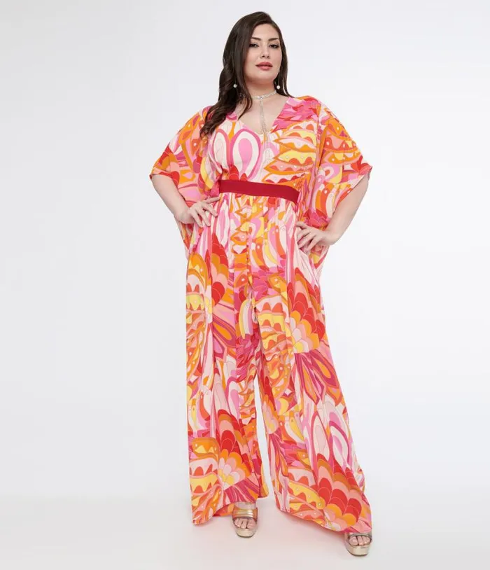 Plus Size 1970s Pink and Orange Psychedelic Print Caftan Jumpsuit DressesClothingPlus Unique Vintage Rompers and Jumpsuits Plus Size 1970s Pink and Orange Psychedelic Print Caftan Jumpsuit DressesClothingPlus Unique Vintage Rompers and Jumpsuits