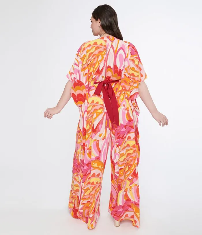 Plus Size 1970s Pink and Orange Psychedelic Print Caftan Jumpsuit DressesClothingPlus Unique Vintage Rompers and Jumpsuits