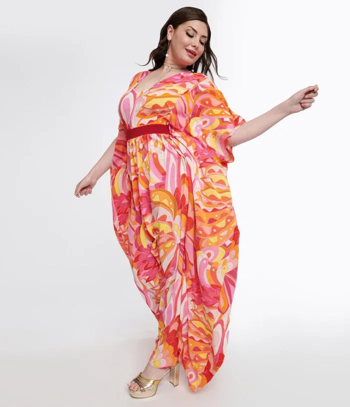 Plus Size 1970s Pink and Orange Psychedelic Print Caftan Jumpsuit DressesClothingPlus Unique Vintage Rompers and Jumpsuits