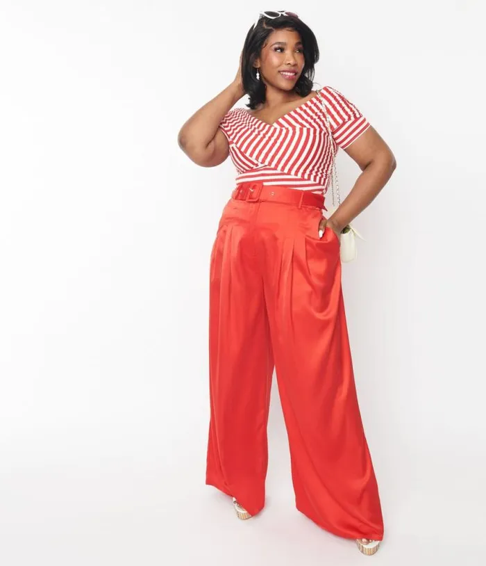Plus Size 1970s Red Satin Belted Wide Leg Pants ClothingPlus Unique Vintage Pants Plus Size 1970s Red Satin Belted Wide Leg Pants ClothingPlus Unique Vintage Pants