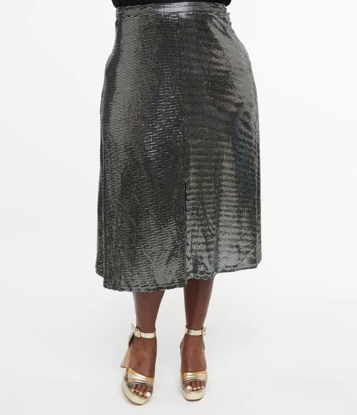 Plus Size 1970s Silver Boogie Night Midi Skirt DressesClothingPlus Unique Vintage Skirts