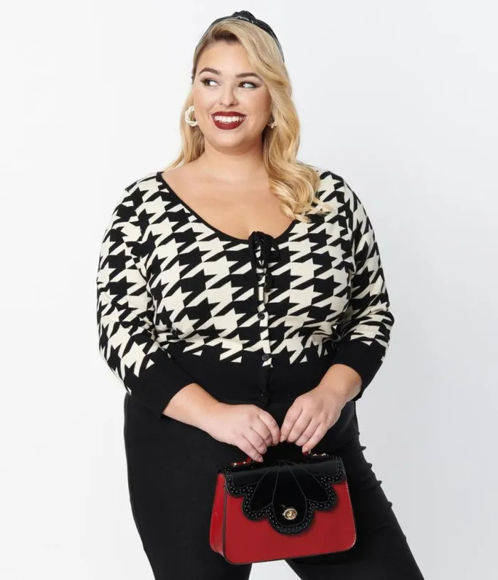 Plus Size Black and Ivory Houndstooth Dandy Cardigan ClothingPlus Unique Vintage Sweaters and Cardigans Plus Size Black and Ivory Houndstooth Dandy Cardigan ClothingPlus Unique Vintage Sweaters and Cardigans