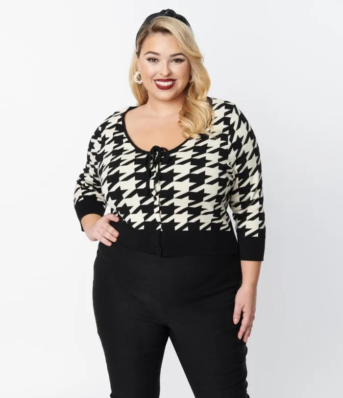 Plus Size Black and Ivory Houndstooth Dandy Cardigan ClothingPlus Unique Vintage Sweaters and Cardigans