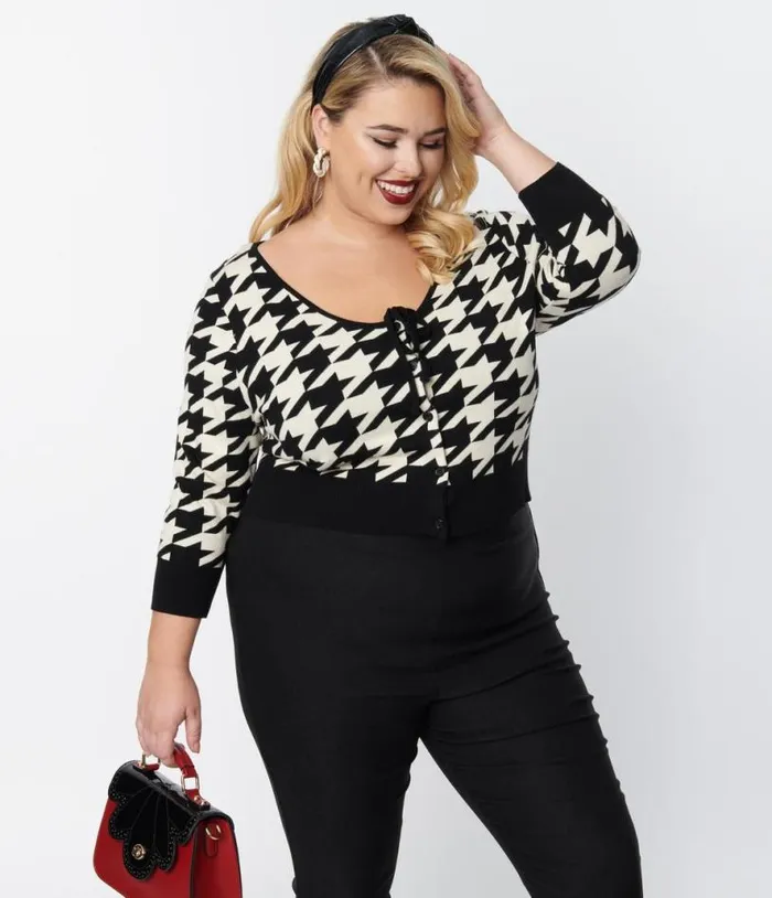 Plus Size Black and Ivory Houndstooth Dandy Cardigan ClothingPlus Unique Vintage Sweaters and Cardigans