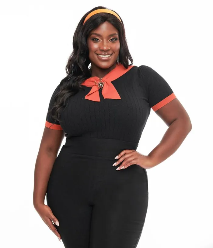 Plus Size Black and Orange Spider Brooch Neck Tie Park City Sweater ClothingHalloweenPlus Unique Vintage Sweaters and Cardigans Plus Size Black and Orange Spider Brooch Neck Tie Park City Sweater ClothingHalloweenPlus Unique Vintage Sweaters and Cardigans