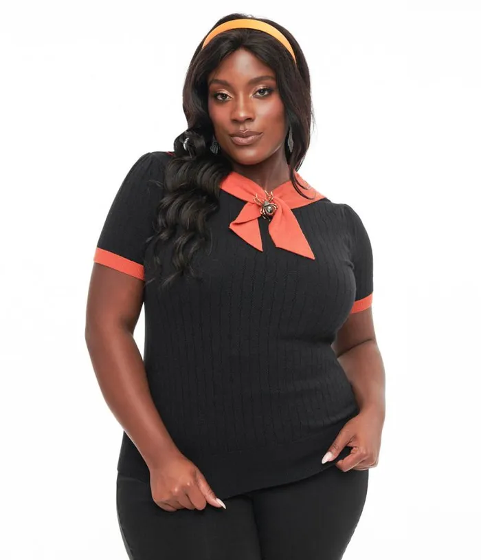 Plus Size Black and Orange Spider Brooch Neck Tie Park City Sweater ClothingHalloweenPlus Unique Vintage Sweaters and Cardigans