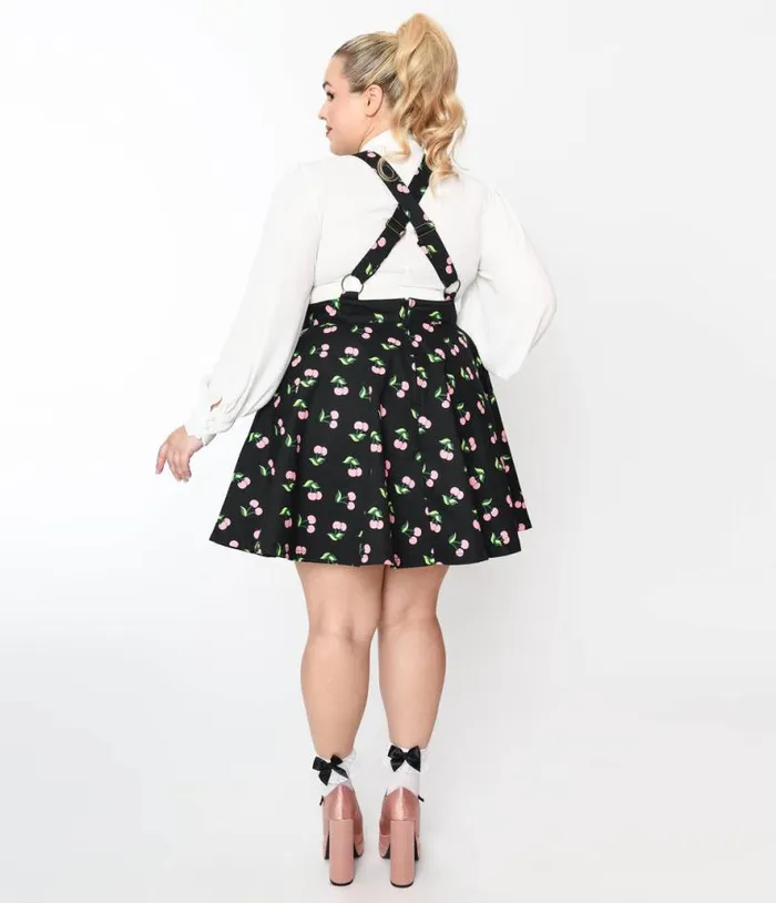 Plus Size Black and Pink Cherries Brionne Pinafore Skirt DressesClothingPlus Unique Vintage Skirts