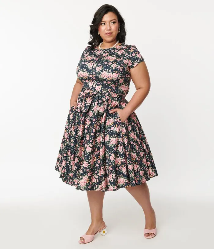 Plus Size Black and Pink Floral Cleo Swing Dress Dresses Unique Vintage Pocket Dresses Plus Size Black and Pink Floral Cleo Swing Dress Dresses Unique Vintage Pocket Dresses
