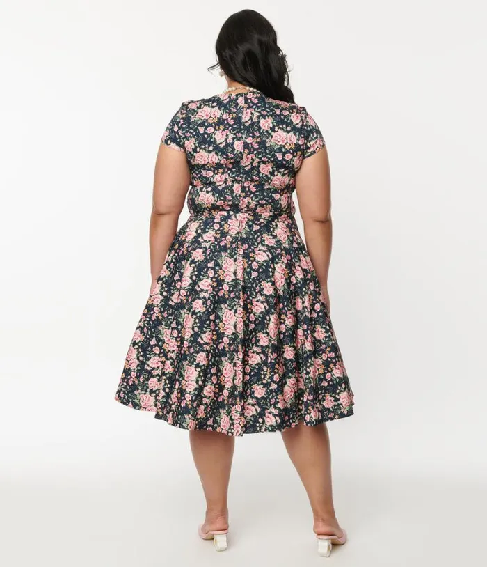 Plus Size Black and Pink Floral Cleo Swing Dress Dresses Unique Vintage Pocket Dresses