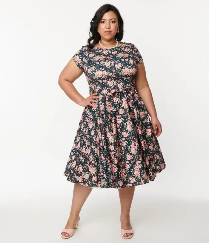 Plus Size Black and Pink Floral Cleo Swing Dress Dresses Unique Vintage Pocket Dresses