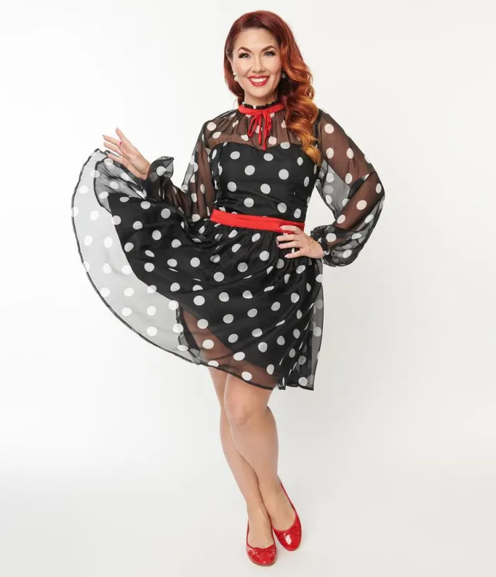 Plus Size Black and White Polka Dot Flocked Tulle Dress DressesPlus Unique Vintage Fit and Flare Plus Size Black and White Polka Dot Flocked Tulle Dress DressesPlus Unique Vintage Fit and Flare