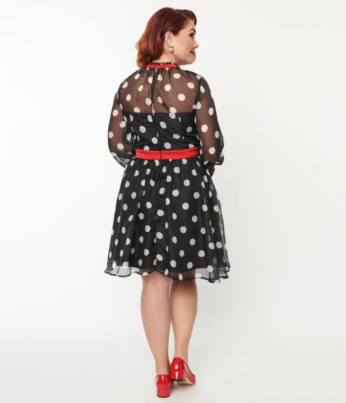 Plus Size Black and White Polka Dot Flocked Tulle Dress DressesPlus Unique Vintage Fit and Flare