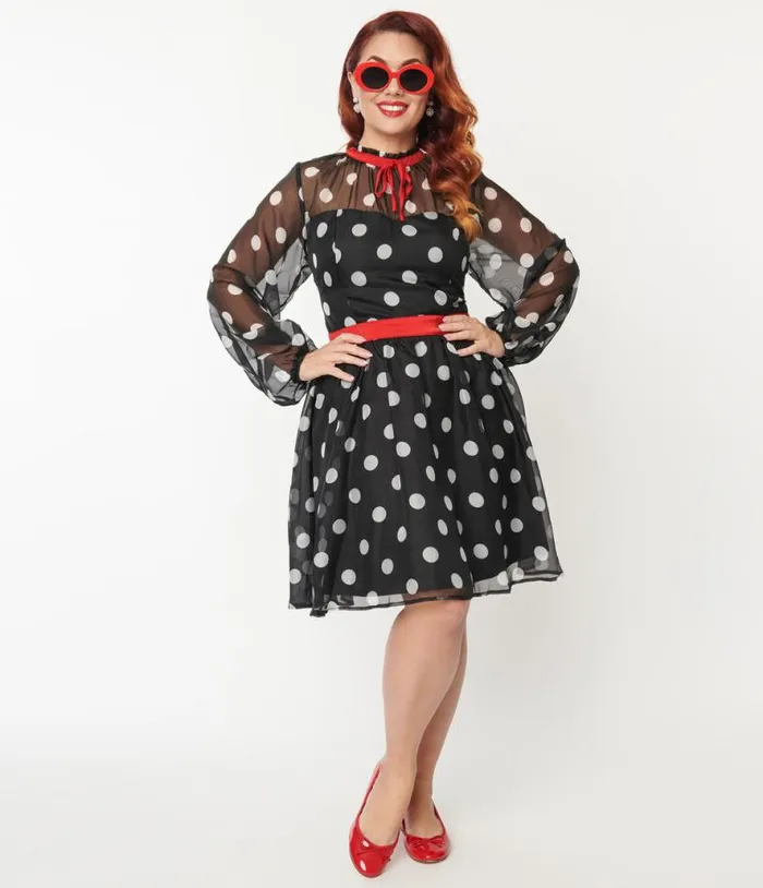 Plus Size Black and White Polka Dot Flocked Tulle Dress DressesPlus Unique Vintage Fit and Flare
