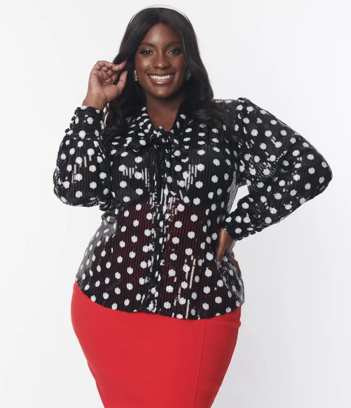 Plus Size Black and White Sequin Dot Lena Blouse ClothingPlus Unique Vintage Blouses