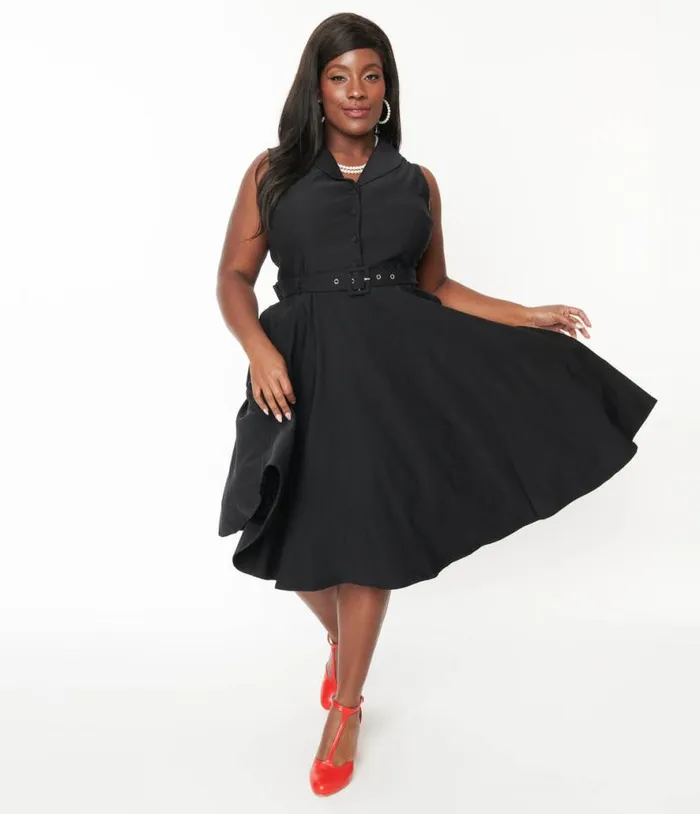 Plus Size Black Collared Jani Swing Dress DressesPlus Unique Vintage Pocket Dresses