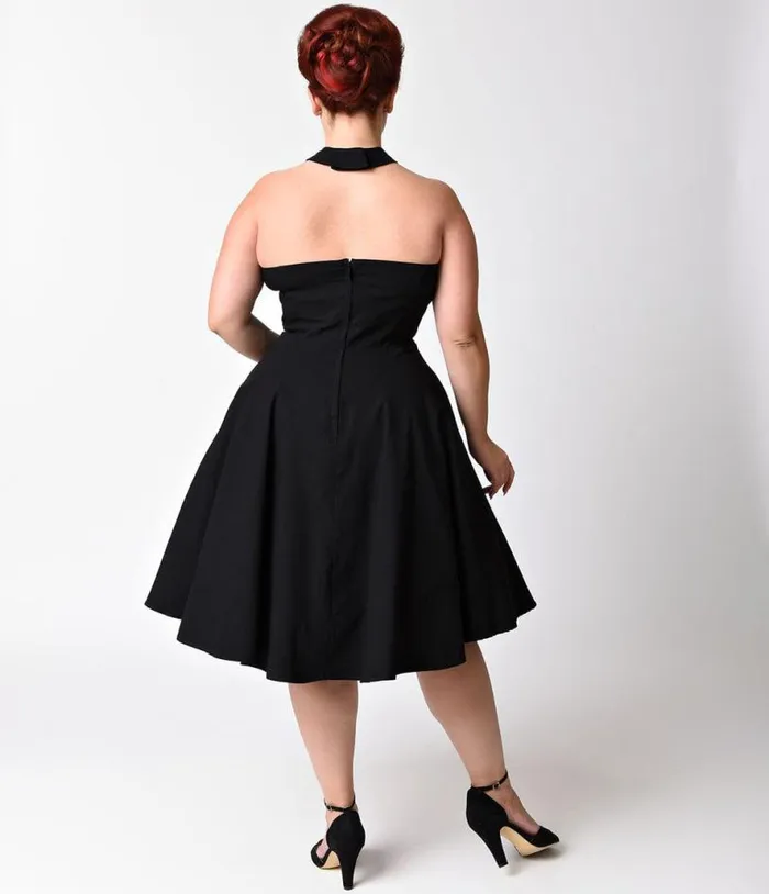 Plus Size Black Criss Cross Halter Rita Flare Dress DressesPlus Unique Vintage Pocket Dresses