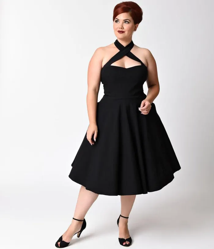 Plus Size Black Criss Cross Halter Rita Flare Dress DressesPlus Unique Vintage Pocket Dresses
