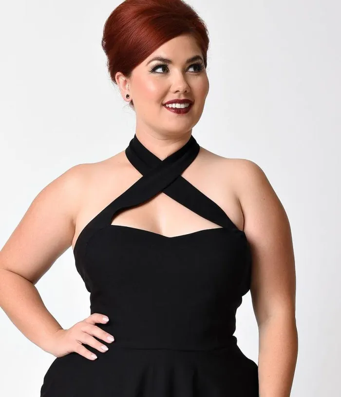 Plus Size Black Criss Cross Halter Rita Flare Dress DressesPlus Unique Vintage Pocket Dresses